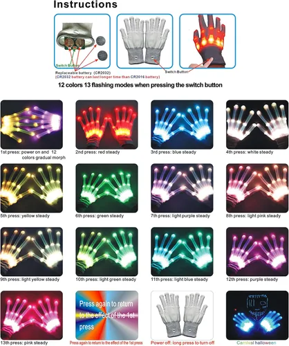 Miniatura 6 de Guantes LED, 12 colores iluminados para niños, guantes de esqueleto LED, regalo de juguetes geniales para Halloween, regalo de Navidad para hombres