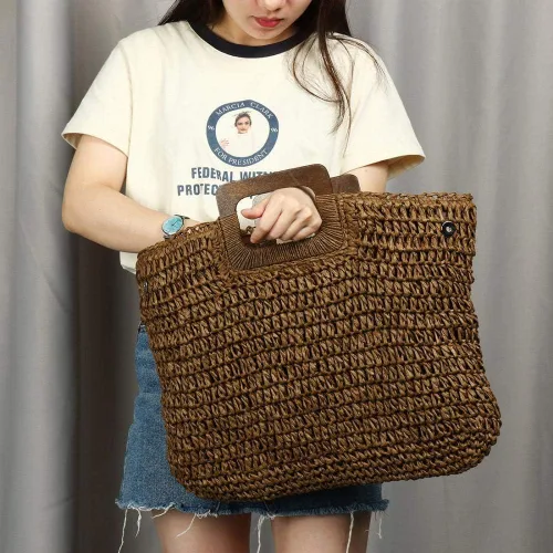 Miniatura 7 de Bolsa de mano para mujer, hecha de paja tejida a mano, grande, informal, con bolsillos con forro para uso diario, viajes, ir a la playa, etc.