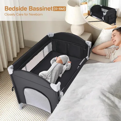 Miniatura 2 de JOYMOR Paquete y juego 4 en 1, cuna de cabecera para bebé, parque infantil resistente con colchón acolchado y barra de música con animales suaves
