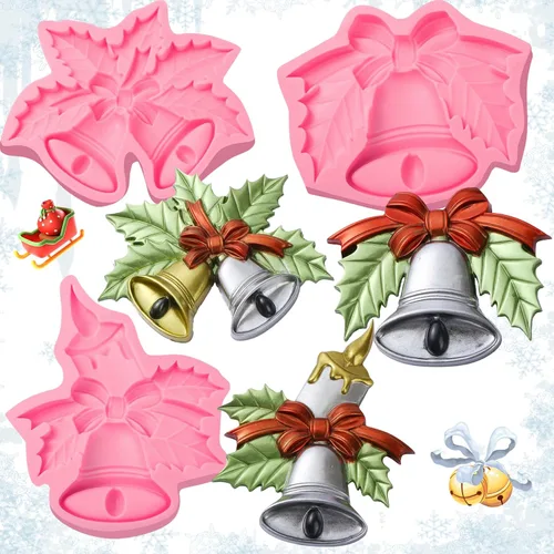 Lujosos moldes grandes para fondant de campanas de Navidad, 3 piezas, hojas de acebo adornadas para decoración de pasteles, molde de silicona, P-115