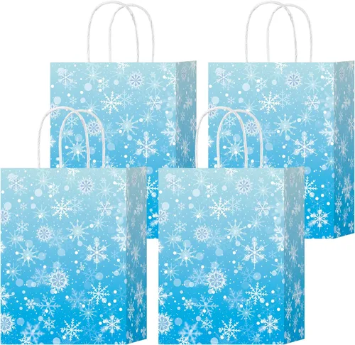 HongXingHai Bolsas de regalo de Navidad con asas, paquete de 16 bolsas de papel kraft con diseño de copo de nieve, bolsas reutilizables para fiestas