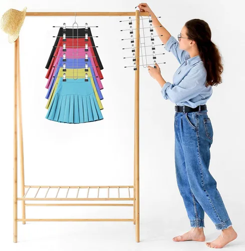 Miniatura 6 de Perchas para faldas de 6 niveles que ahorran espacio, paquete de 4 perchas para pantalones y faldas con clips para armario de mujer, organizador