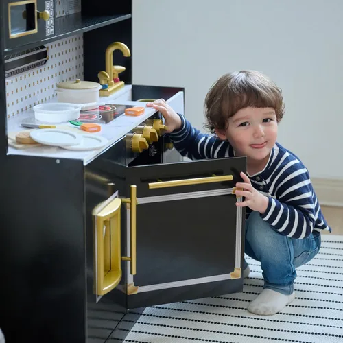 Miniatura 7 de Teamson Kids Juego de cocina de madera para niños pequeños con accesorios, juego de cocina simulada para niños de 3 años en adelante, juego de Negro