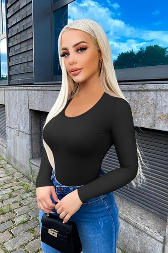 Miniatura 4 de OQQ Camiseta de manga larga de 2 piezas para mujer, cuello redondo, elástica, ajustada, para usar en capas