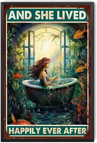 Miniatura 17 de LIUAXICIA Letrero de lata retro con diseño de sirena y ella vivió feliz para siempre, para decoración del hogar, 8 x 12 pulgadas, pintura de lata