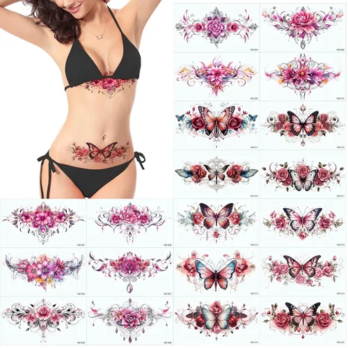 Tatuajes temporales de flores sexys, mariposas, 20 hojas grandes, flores rojas, encaje, ombligo, busto, estómago, glúteos, piernas, brazos, parte