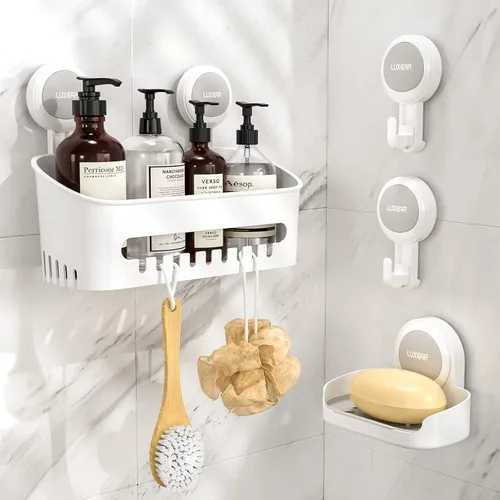 Miniatura 9 de LUXEAR Organizador de ducha con ventosa, sin perforaciones, organizador de ducha de sujeción fuerte con ganchos y jabonera, drenaje rápido