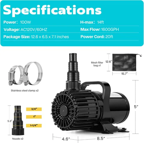 Miniatura 7 de VIVOHOME - Bomba de agua sumergible de 100W 1600GPH con boquilla ajustable sin costuras de 180° y bolsa de barrera para estanques de peces, cascadas
