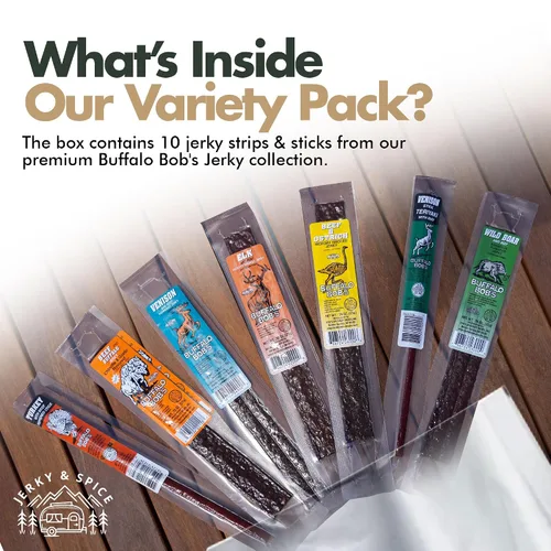 Miniatura 6 de Buffalo Bob's Wild Game Jerky (paquete de 10) Paquete de regalo de muestra de carne exótica premium Incluye búfalo, alce, venado, avestruz