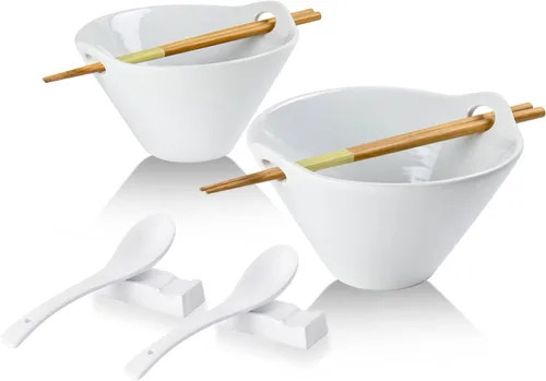 Miniatura 11 de UNICASA Juego de 2 cuencos japoneses para ramen con palillos, cucharas y reposos, 26 onzas, para fideos de porcelana profunda, Udon, Pho, ensalada