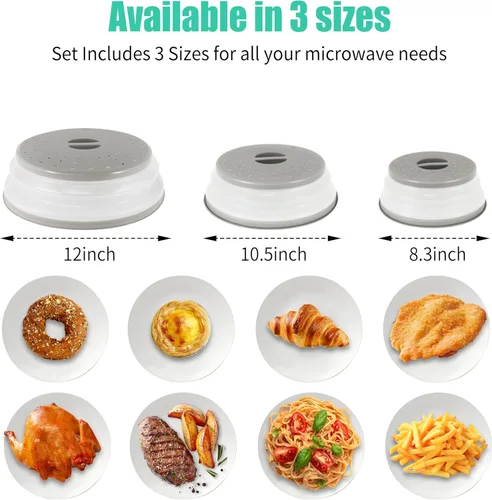 Miniatura 2 de Paquete de 3 fundas plegables para microondas, protector de salpicaduras, tapa de microondas ventilada para alimentos, sin BPA, TPR, apto