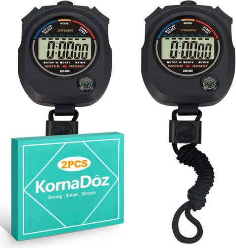 Paquete de 2 cronómetros digitales con temporizador: pantalla grande, precisión de 1/100 segundos, hora/fecha/alarma, cronómetro de mano para