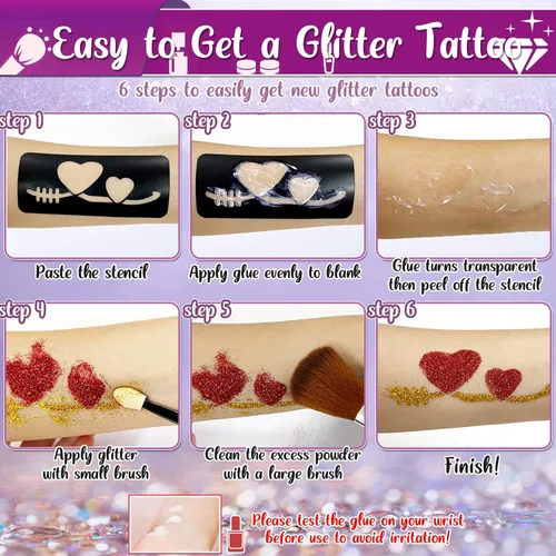 Miniatura 6 de TEUVO Kit de tatuaje con purpurina para niños con 25 colores, 225 plantillas, 6 bolígrafos, 2 hojas de diamantes de imitación, 5 pinceles, 3