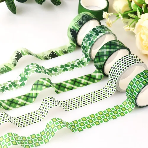 Miniatura 9 de Juego de cinta decorativa verde de 20 rollos de cinta washi del día de San Patricio para trébol de la suerte, cinta adhesiva para bricolaje del día