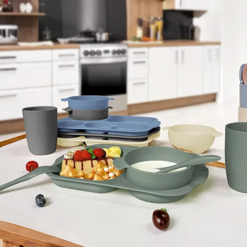 Miniatura 5 de shopwithgreen Juego de cubiertos de paja de trigo, 20 piezas de platos y cuencos divididos para niños pequeños, vajilla irrompible para microondas