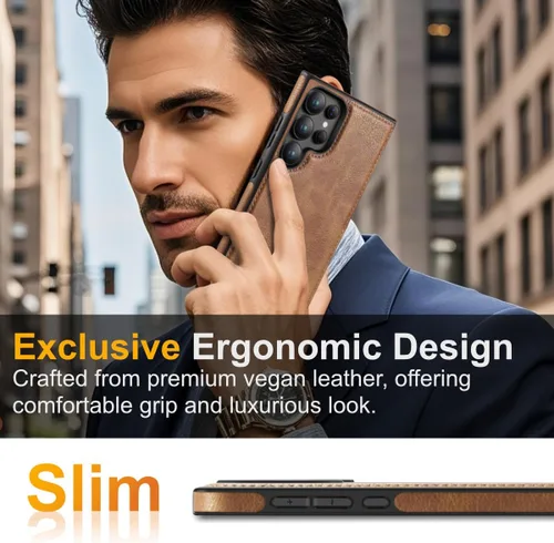 Miniatura 2 de Diseño compatible con Samsung Galaxy S22 Ultra 5G, funda de cuero de lujo, delgada, antideslizante, agarre suave, a prueba de golpes, funda Marrón