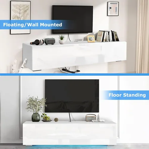 Miniatura 6 de Soporte de TV flotante con LED para TV de 60, 65, 70 pulgadas, brillante centro de entretenimiento moderno montado en la pared con almacenamiento