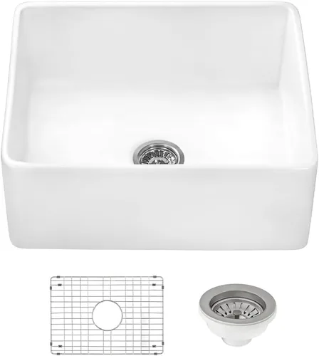 Ruvati 23 x 18 pulgadas Fregadero de Cocina de Arcilla Refractaria, Modelo Farmhouse con Delantal Delantero, de Una Cubeta - Blanco - RVL2468WH