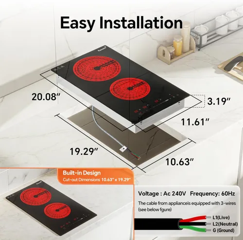 Miniatura 3 de Ranein Placa eléctrica de 12 pulgadas y 2 quemadores, máximo 3000 W 240 V, panel de cerámica integrado, estufa eléctrica integrada, con bloqueo