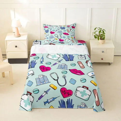 Miniatura 72 de Erosebridal Nurse Sheet Set Stethoscope Twin Sheets Set for Teen Boys,Colorful Medical Healthcare Heartbeat Syringe Fitted Sheet