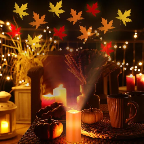 Miniatura 5 de Baquler Velas sin Llama con Proyector de Hojas de Arce Otoñales, Luces LED de Acción de Gracias, Luz Nocturna de Otoño con Control Remoto