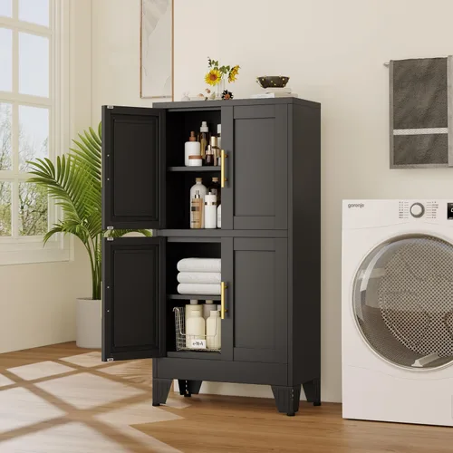 Armario de almacenamiento de baño de metal negro de 47 pulgadas de alto, armario de despensa de cocina con puertas y 3 estantes ajustables,
