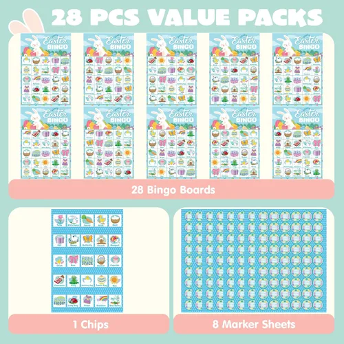 Miniatura 3 de JOYIN Tarjeta de bingo de Pascua para 28 jugadores (5 x 5) con color azul para niños, niñas y adultos, juegos de Pascua, actividades escolares