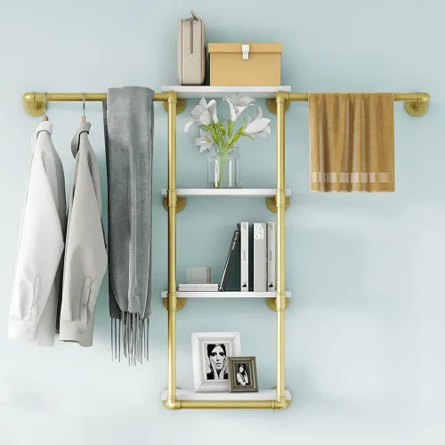 Miniatura 4 de Perchero de tubería montado en la pared con estante, perchero industrial dorado con barra de armario de 4 niveles, perchero de hierro resistente