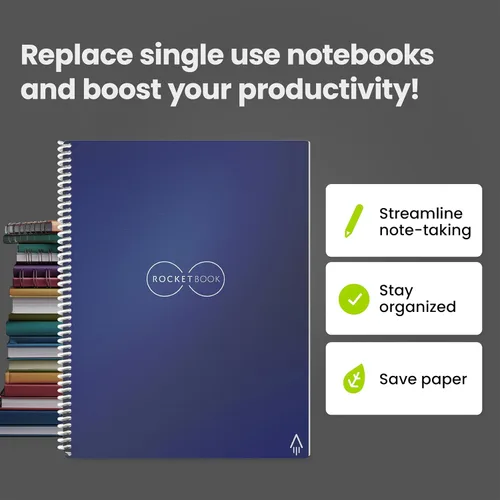 Miniatura 7 de Rocketbook Core - Cuaderno de espiral reutilizable, tamaño carta de 8.5 x 11 pulgadas, color azul marino, páginas punteadas, conectadas a