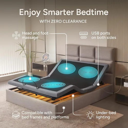 Miniatura 4 de Base de cama ajustable inteligente con doble masaje eléctrico - USB, luz debajo de la cama, gravedad cero, control de aplicación, inclinación