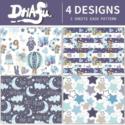 Miniatura 3 de Dtiafu Papel de regalo para baby shower para bebé niño – 12 hojas de papel de regalo azul bebé con patrón de oso estrella, pastel, luna y dulces