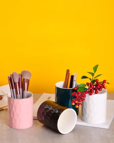Miniatura 7 de WHJY Vaso de Lápices de Cerámica Rosa, Soporte para Brochas de Maquillaje, Soporte Dorado para Bolígrafos de Escritorio Pequeño Bonito Soporte