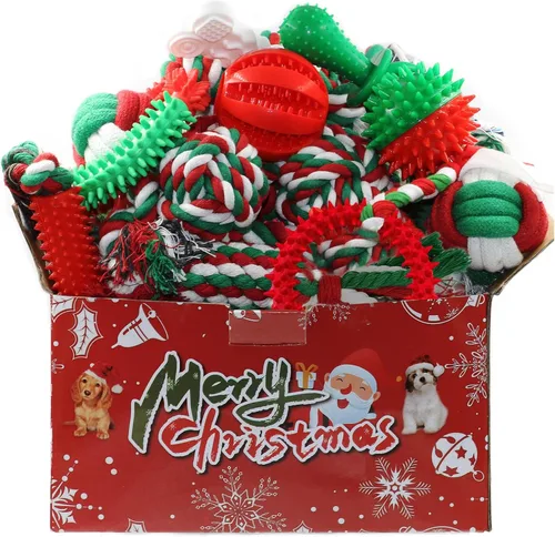 Beiker Paquete de 15 juguetes de Navidad para perros, juguetes masticables para cachorros para dentición de cachorros pequeños y medianos, caja de