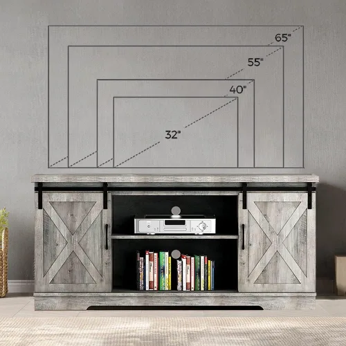 Miniatura 6 de IDEALHOUSE Soporte de TV de granja, centro de entretenimiento para consola multimedia de TV de 65 pulgadas, puertas de granero blancas