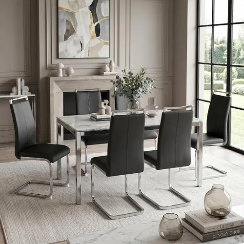 Miniatura 11 de gopop Juego de sillas de comedor, sillas modernas de metal con asiento acolchado de piel sintética, respaldo alto y patas cromadas resistentes, Negro