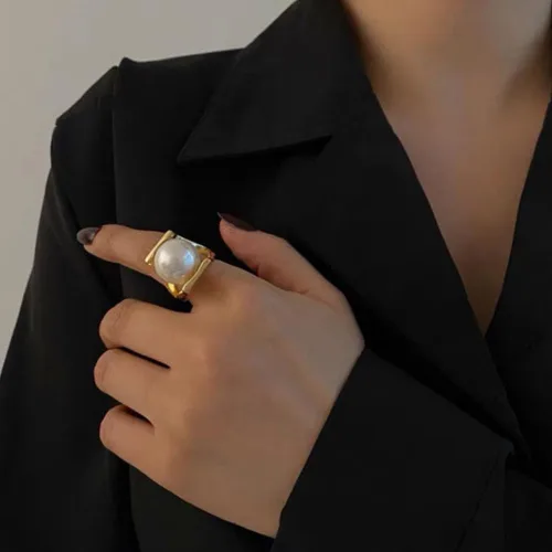Miniatura 2 de OIDIMS Anillo de perlas exageradas de acero inoxidable en forma de Y, estilo único, anillos grandes personalizados, joyería de ajuste cómodo