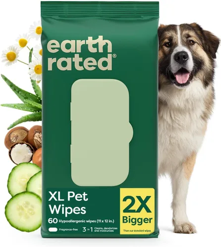 Earth Rated XL - Toallitas para mascotas para perros y gatos, limpieza hipoalergénica y sin perfume de 3 en 1, desodorizante e hidratante extra