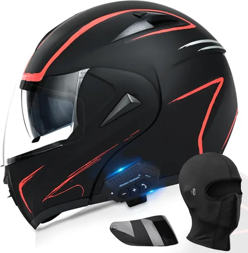 Miniatura 9 de Casco modular Bluetooth para motocicleta, aprobado por DOT, doble visera, abatible, de cara completa, con Bluetooth, casco de motocicleta integrado
