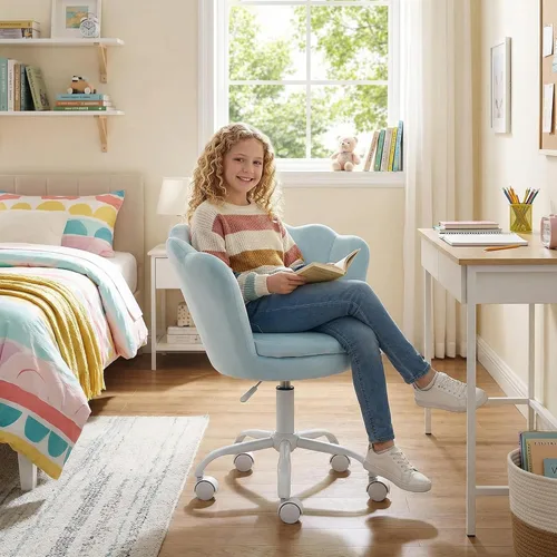 Miniatura 7 de chairus Linda silla de escritorio para niños, de terciopelo, para sala de estar, silla tapizada para adolescentes con respaldo de concha, silla Azul