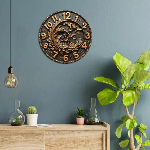 Miniatura 2 de Reloj de pared de madera con corona de hojas con acabado en bronce 9.8x9.8 in