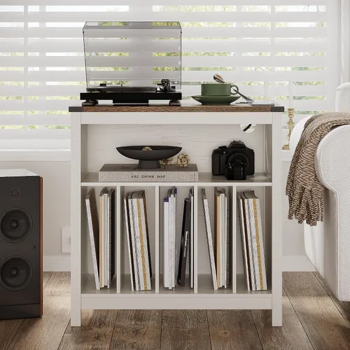 Miniatura 3 de ChooChoo Soporte grande para tocadiscos con estación de carga y luz LED, soporte para discos de vinilo con capacidad para hasta 300 álbumes, mesa