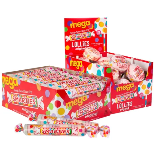 Smarties Mega Variety Pack – Mega Lollies (24 unidades) + Mega Rolls Candy Box (2.25 oz, 24 rollos) – Caramelos veganos y sin gluten, sin maní y sin