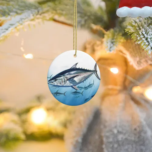 Miniatura 8 de Adorno de Navidad con estampado de atún azul, adorno redondo de Navidad, adornos colgantes para árbol de Navidad, hogar, fiesta, vacaciones