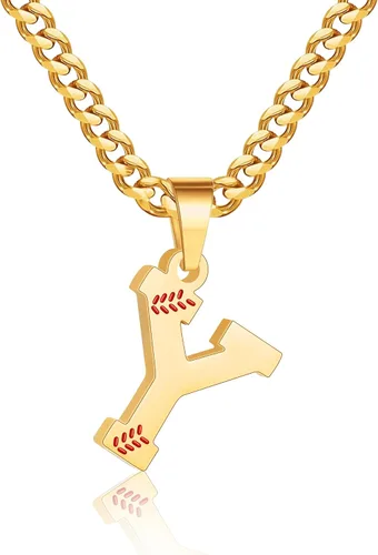 Miniatura 21 de Avotto Collar de béisbol con letra inicial de la A a la Z para niños y hombres, cadena cubana de acero inoxidable resistente que no se decolora