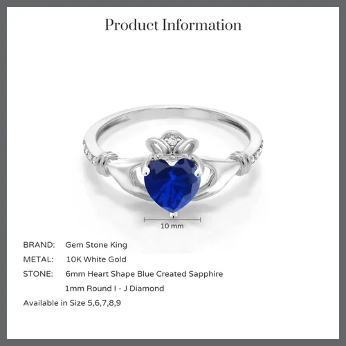 Miniatura 6 de Gem Stone King Anillo Claddagh celta irlandesa de oro blanco de 10 quilates con zafiro y diamante blanco para mujer