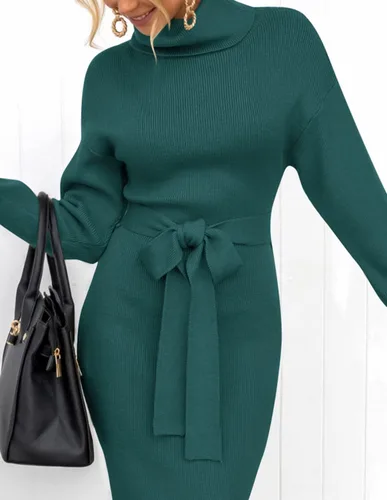 Miniatura 41 de ZESICA - Vestido por debajo de la rodilla de suéter, de cuello alto, para mujer, de manga larga, de punto acanalado, con abertura y cinturón