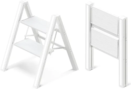 Escalera de 2 escalones, Taburete plegable de aluminio de 2 escalones con pedal antideslizante resistente y ancho, Escalera portátil ligera para uso