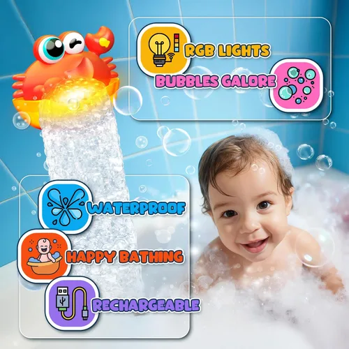 Miniatura 3 de Juguetes de baño para niños de 1 a 3 años, juguetes de baño iluminados para bebés, creador de burbujas de cangrejo con luz colorida, regalos de Rojo