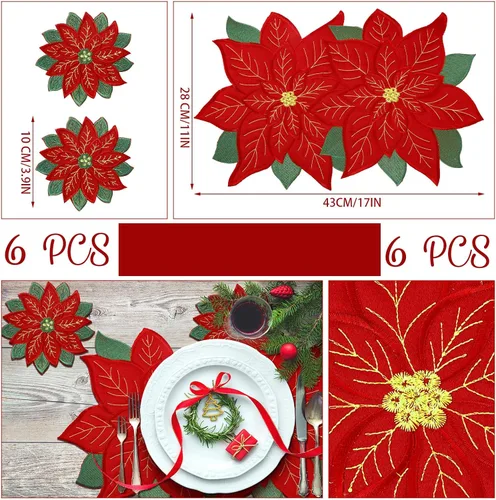 Miniatura 2 de Tudomro 12 piezas de manteles individuales bordados de Navidad con flor de Nochebuena y juego de 6 posavasos bordados rojos, manteles individuales
