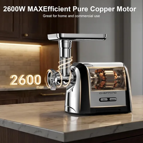 Miniatura 4 de Picadora de carne eléctrica, 2600 W máx. 3 en 1, relleno de salchichas de alta resistencia con tubo de salchicha y kit de kubbe, 3 placas